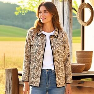 I Reversibles Tapestry Chore Jacket Sz L Boho Damask Utility Boxy Career Button‎